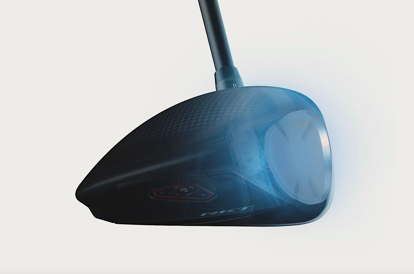 A dark golf driver club head with a luminous blue glow on its striking face.