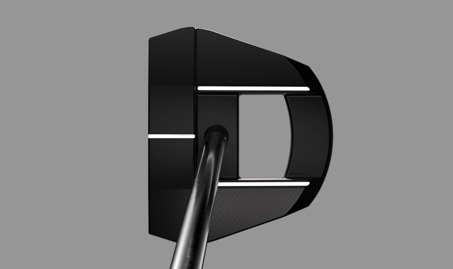 Black mallet golf putter head from above with white alignment lines on a grey background.
