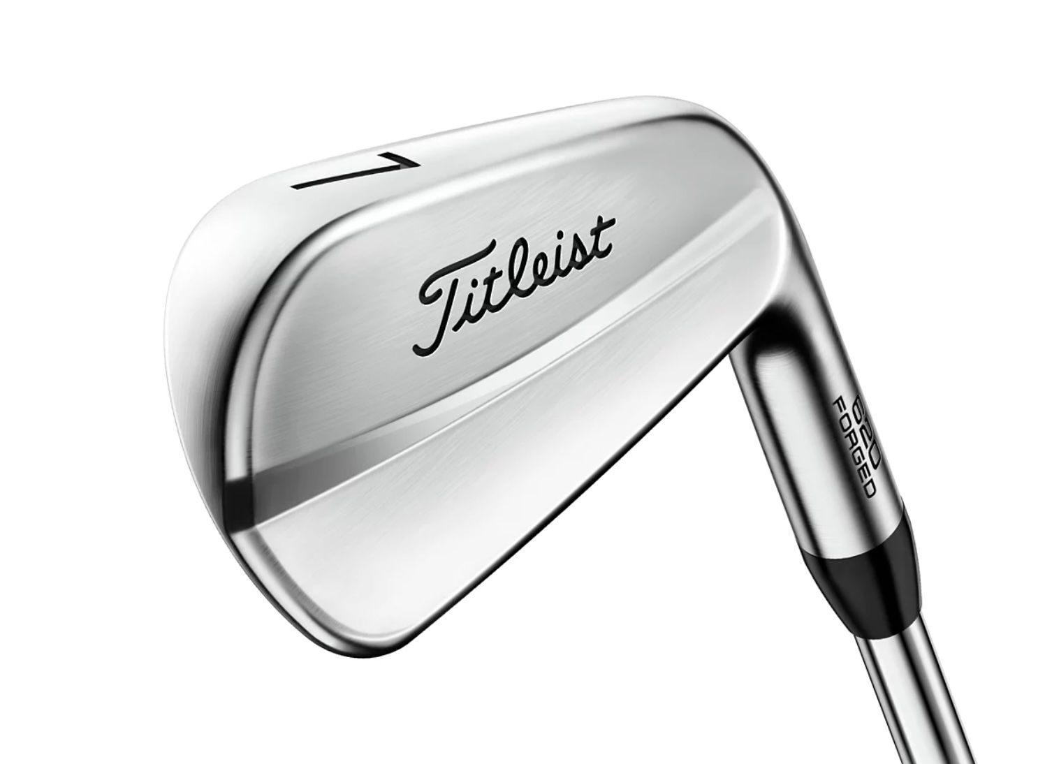 Close-up of a shiny silver Titleist 7 iron golf club head with script branding.